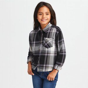 Justice Plaid Top Button Down Long Sleeve Black White Front Pocket S 7/8